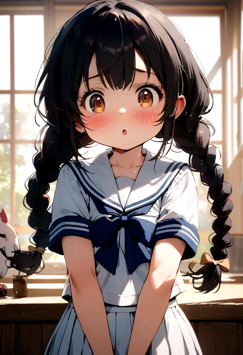 Long black hair, two braids, sailor suit, jitters, , short, cute,