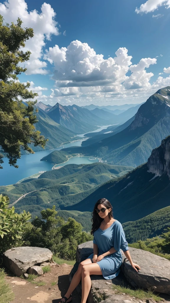 A scenic view of a mountain with a beautiful woman sitting in the foreground. The mountain is lush with greenery, and the sky above is clear with a few clouds. The woman is wearing casual yet stylish clothing, and she is sitting on a rock or a bench, looking relaxed and content. The overall atmosphere is serene and picturesque
  "size": "512x762" "HD"