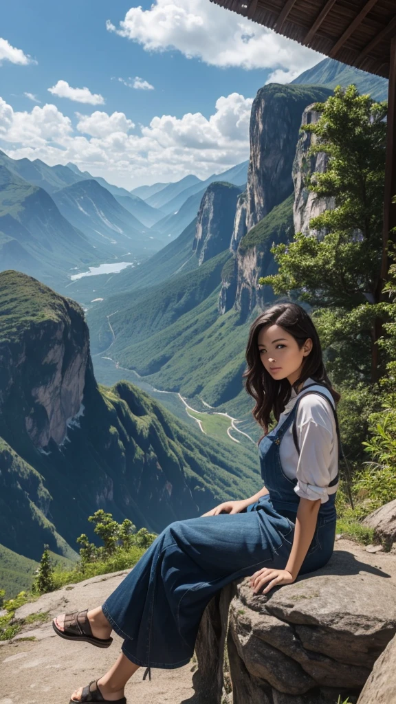 A scenic view of a mountain with a beautiful woman sitting in the foreground. The mountain is lush with greenery, and the sky above is clear with a few clouds. The woman is wearing casual yet stylish clothing, and she is sitting on a rock or a bench, looking relaxed and content. The overall atmosphere is serene and picturesque
"size": "512x762" "HD"