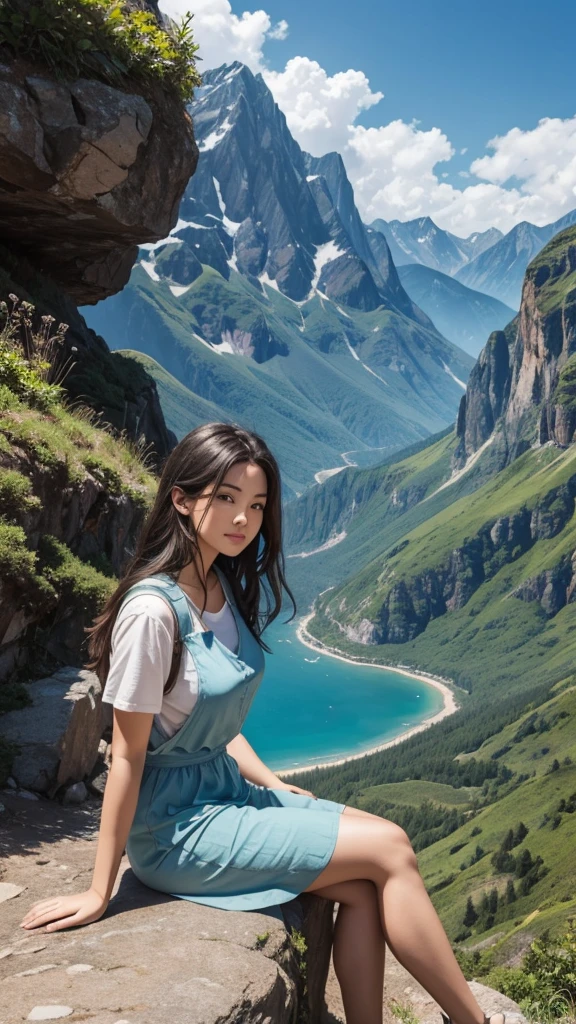 A scenic view of a mountain with a beautiful woman sitting in the foreground. The mountain is lush with greenery, and the sky above is clear with a few clouds. The woman is wearing casual yet stylish clothing, and she is sitting on a rock or a bench, looking relaxed and content. The overall atmosphere is serene and picturesque
  "size": "512x762" "HD"