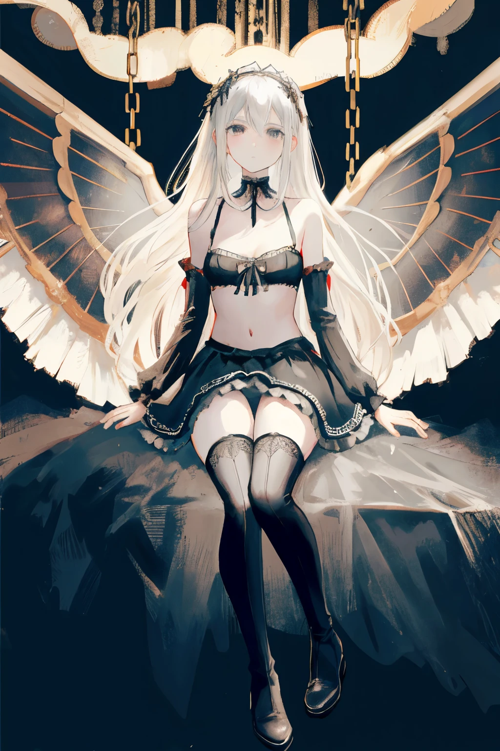  ((best quality)), ((masterpiece)), (detailed), 1girl, Character design, female, dynamic poses, long white grey hair, grey white eyes, very skinny, detailed, best quality, no accesoires around the neck, no shoes, prominent collarbones, skinny arms, flat stomach, visible hip bones, full body, blank white background, plain background, white background, red and white clothing, Bloodborne inspired, occult aesthetic, occult, detailed and intricate steampunk and detailed gothic, NSFW, Very dramatic and cinematic lighting, cosmic horror, grim-dark, side-lighting, perfect face, NSFW, Fluttering lace flared long knee length dress with frilly petticoats, knee length dress, pleated petticoats, petticoats gothic, complex lace boots, side-lighting, gothic aesthetic, wielding a mighty sword with mechanical components, mandalas, small breasts, a fairy, various different types of insect wings, NSFW, full body, whole body, body, plain background, white background, blank background, no background, white background NSFW, chains, full body, whole body, head-to-toe NSFW 