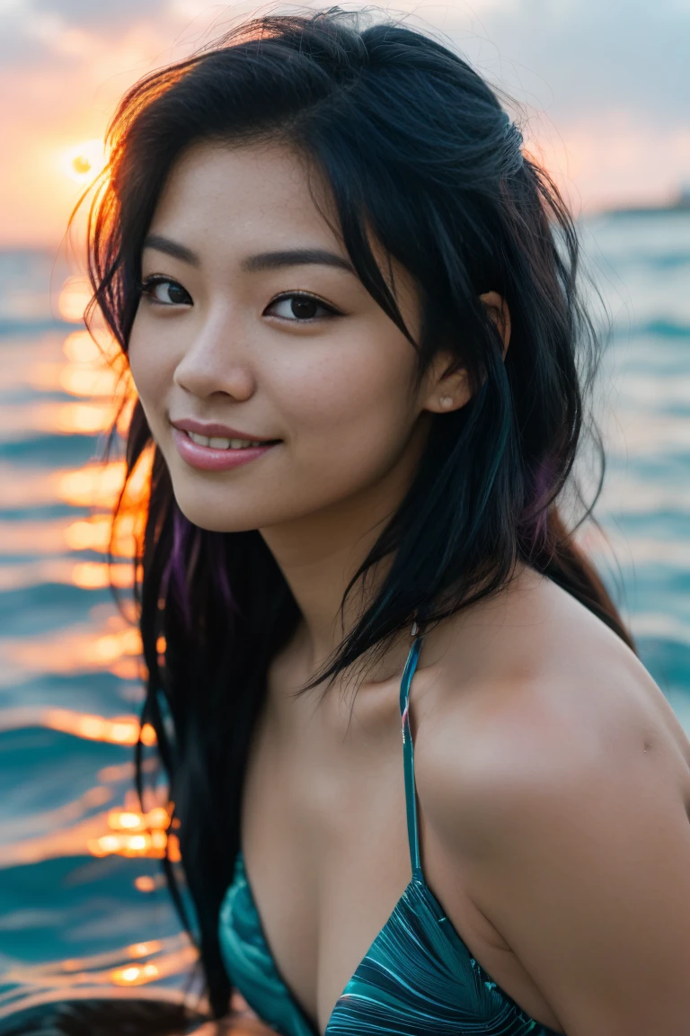 arafed woman with long black hair with purple high lights diving at the beach with a dolphin, flowing black hair purple high lights, with black hair, photo of a beautiful woman, long flowing black hair, black golden hour, curly pink hair, beautiful young asian woman, beautiful asian woman, wild ginger hair, pink wispy hair, light pink hair, a young asian woman, an asian woman, infp young woman, Portrait photo of a 22-year-old french girl in RAW UHD format (Brown-eyed woman) Details (textures! , Hair! , glistering, Color!! , imperfections: 1.1), highly detailed glossy eyes (looking at the camera), DSLR Lighting, SLR camera, Ultra-Quality, sharpness, Depth of field, Film grain (Downtown), Fujifilm XT3, Crystal clear, Frame Center, beatiful face, sharp-focus, neon lighting, bokeh (lit), day time, (open sky), detailed skin pores, oilly skin, suntan, Complex eye details, (((kissing a Dolphin))), ((smiling)), ((diving)) ((beautiful))