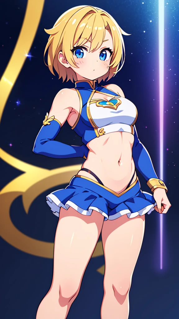19 years old tomboyish magical girl, short blond hair, blue eyes, she has a toned and fit body, her cute slightly revealing magical girl outfit shows of her fit body, she looks embaresed at the viewer