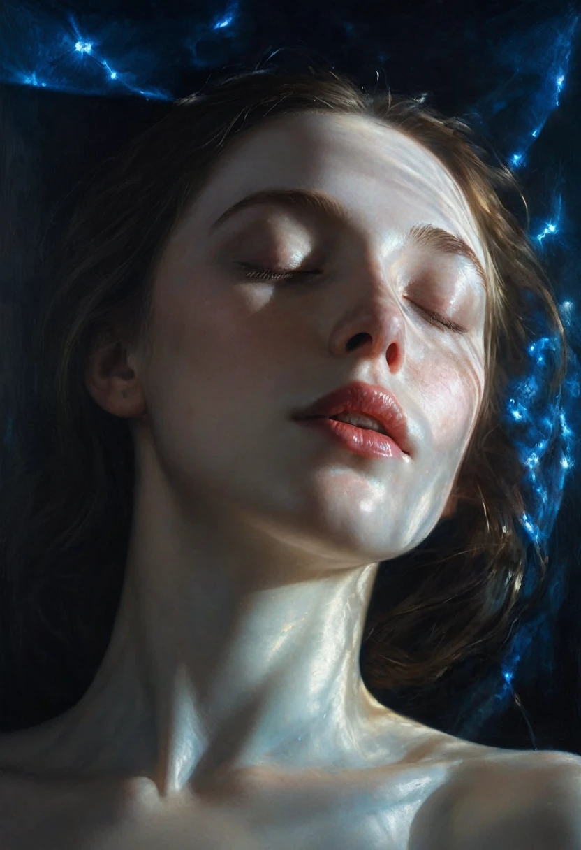 painting of a very close-up portrait of the face of a very pale woman lying down, blue veins shine through the skin, pale lips, a round coin lies on her closed eyes, dark atmosphere, sun glare, frame from top to bottom. cinematic scene, volumetric lights, ultra realistic, in the style of nicola samori