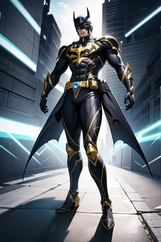 An incredible combination of two iconic superheroes, This cosplay crossover armor is、It represents a harmonious fusion of Power Rangers and Batman styles.. Carefully crafted for men, This full body armor boasts an ultra-detailed design, Rendered in ultra-high definition and 8K resolution、Delivers stunning visual fidelity. The armor&#39;s color palette is a mesmerizing combination of gold tones., white, black and black, Paying homage to both the metallic shine of the Power Rangers and the dark, stealthy look of Batman. The interplay of light and shadow is complex, Dynamic armor that goes beyond the boundaries of cosplay