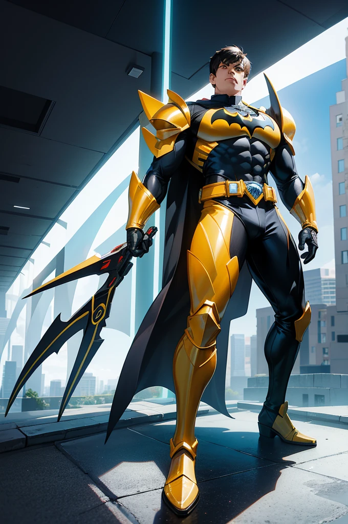 An incredible combination of two iconic superheroes, This cosplay crossover armor is、It represents a harmonious fusion of Power Rangers and Batman styles.. Carefully crafted for men, This full body armor boasts an ultra-detailed design, Rendered in ultra-high definition and 8K resolution、Delivers stunning visual fidelity. The armor's color palette is a mesmerizing combination of gold tones., white, black and black, Paying homage to both the metallic shine of the Power Rangers and the dark, stealthy look of Batman. The interplay of light and shadow is complex, Dynamic armor that goes beyond the boundaries of cosplay