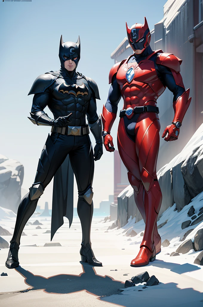 An incredible combination of two iconic superheroes, This cosplay crossover armor is、It represents a harmonious fusion of Power Rangers and Batman styles.. Carefully crafted for men, This full body armor boasts an ultra-detailed design, Rendered in ultra-high definition and 8K resolution、Delivers stunning visual fidelity. The armor's color palette is a mesmerizing combination of gold tones., white, black and black, Paying homage to both the metallic shine of the Power Rangers and the dark, stealthy look of Batman. The interplay of light and shadow is complex, Dynamic armor that goes beyond the boundaries of cosplay