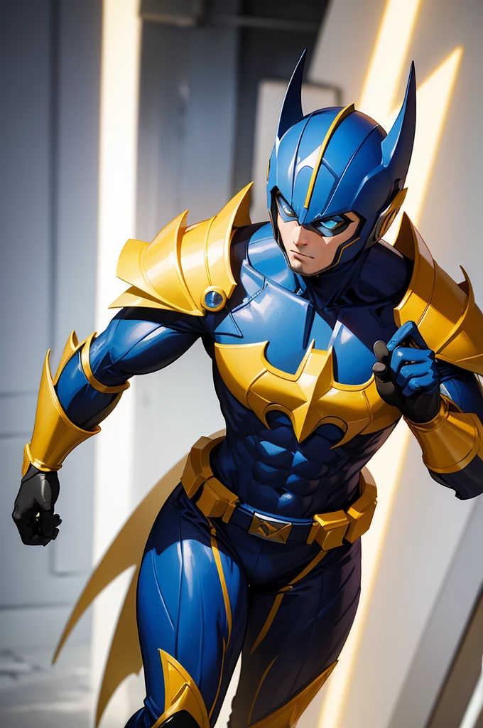 An incredible combination of two iconic superheroes, This cosplay crossover armor is、It represents a harmonious fusion of Power Rangers and Batman styles.. Carefully crafted for men, This full body armor boasts an ultra-detailed design, Rendered in ultra-high definition and 8K resolution、Delivers stunning visual fidelity. The armor's color palette is a mesmerizing combination of gold tones., white, black and black, Paying homage to both the metallic shine of the Power Rangers and the dark, stealthy look of Batman. The interplay of light and shadow is complex, Dynamic armor that goes beyond the boundaries of cosplay