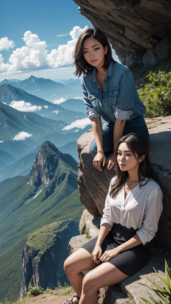 A scenic view of a mountain with a beautiful woman sitting in the foreground. The mountain is lush with greenery, and the sky above is clear with a few clouds. The woman is wearing casual yet stylish clothing, and she is sitting on a rock or a bench, looking relaxed and content. The overall atmosphere is serene and picturesque
  "size": "512x762" "HD"