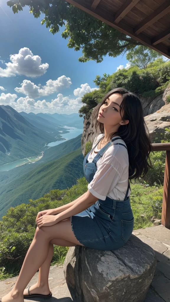 A scenic view of a mountain with a beautiful woman sitting in the foreground. The mountain is lush with greenery, and the sky above is clear with a few clouds. The woman is wearing casual yet stylish clothing, and she is sitting on a rock or a bench, looking relaxed and content. The overall atmosphere is serene and picturesque
"size": "512x762" "HD"