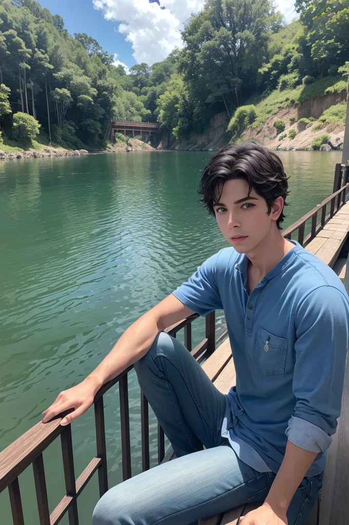 
Percy Jackson, interpretado pelo talentoso ator Walker Scobell, is sitting on a bridge that crosses a lake of sparkling waters. In front of you, uma  de cabelos castanhos e olhos brilhantes, vestindo o uniforme do acampamento de meio sangue, desfruta da tranquilidade do lugar. Os dois personagens compartilham um momento de amizade e cumplicidade, enjoying the beauty of the surrounding scenery.