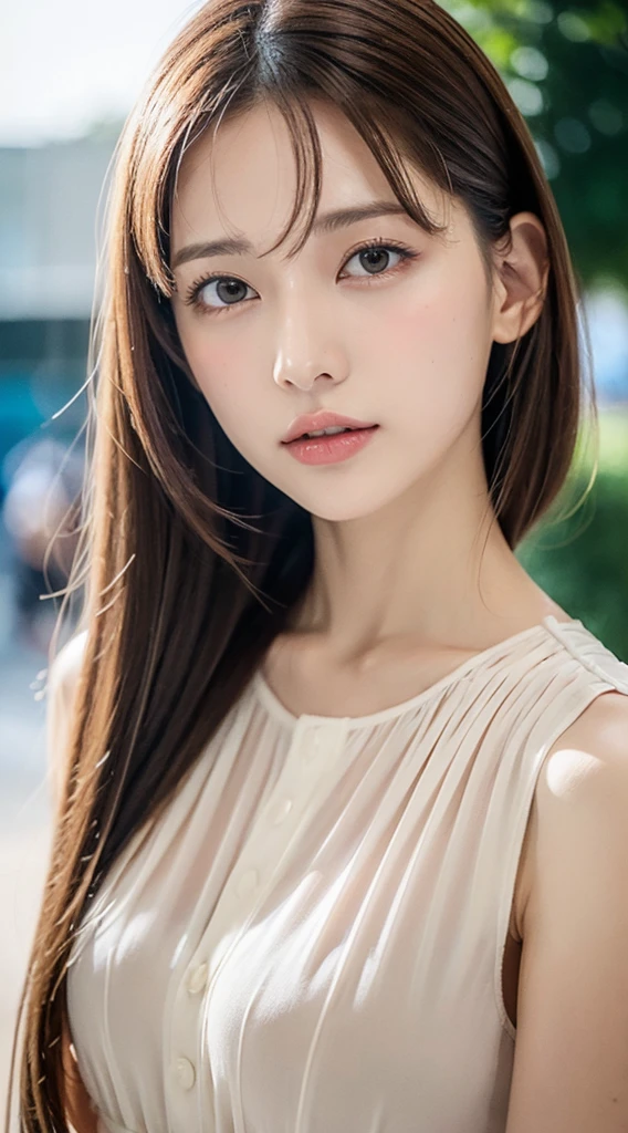 1womanl, up of face, mideum breasts, light brown hair, Blunt bangs, hair behind ear, hair over shoulder, Long hair, slender body shape, Ultra Fine Face, Thin face, Delicate lips, Beautiful eyes, thin blush, eyes are light brown, perfect glossy skin, flawless skin, Glistening sweat,View here, Ultra-thin hands, Ultra-fine fingers, best ratio four finger and one thumb, (realisitic:1.3), See-through white blouse. An amusement park, One-person viewpoint, Fuji Film, F/1.2, 8K, masutepiece, nffsw, Super Detail, High quality, Best Quality, hight resolution