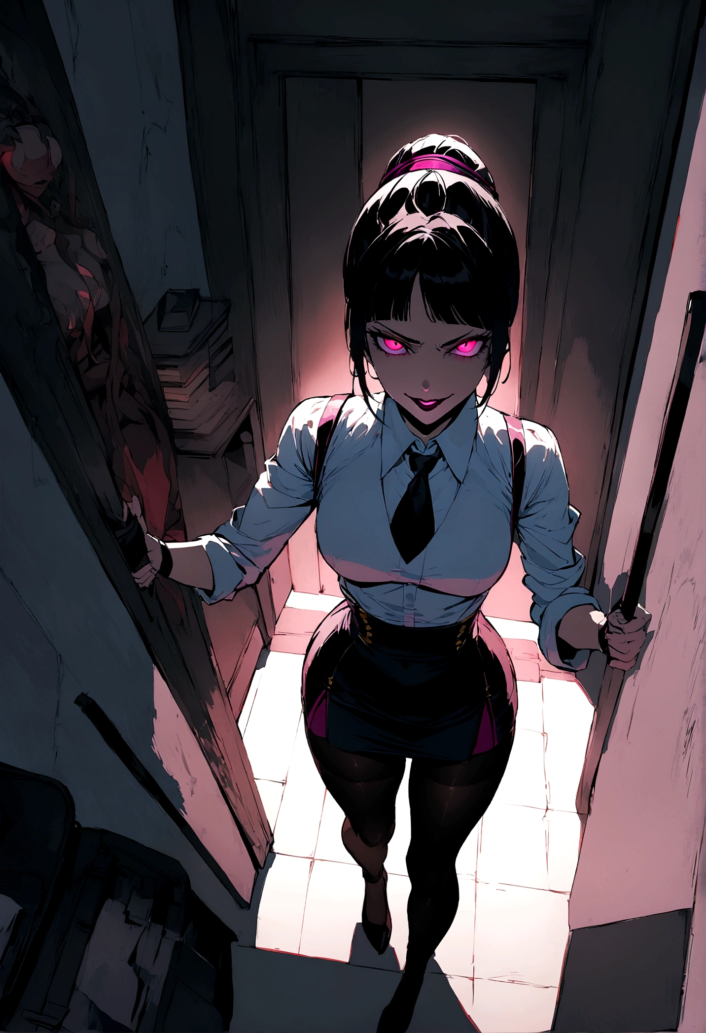 juri han, work of art, tight white secretary shirt with black tie, black high waist skirt, short skirt,stocking, black hair, black tights,evil smile,office,franja nos olhos,lighting,chifre de cabelos,view from above,olhando para cima