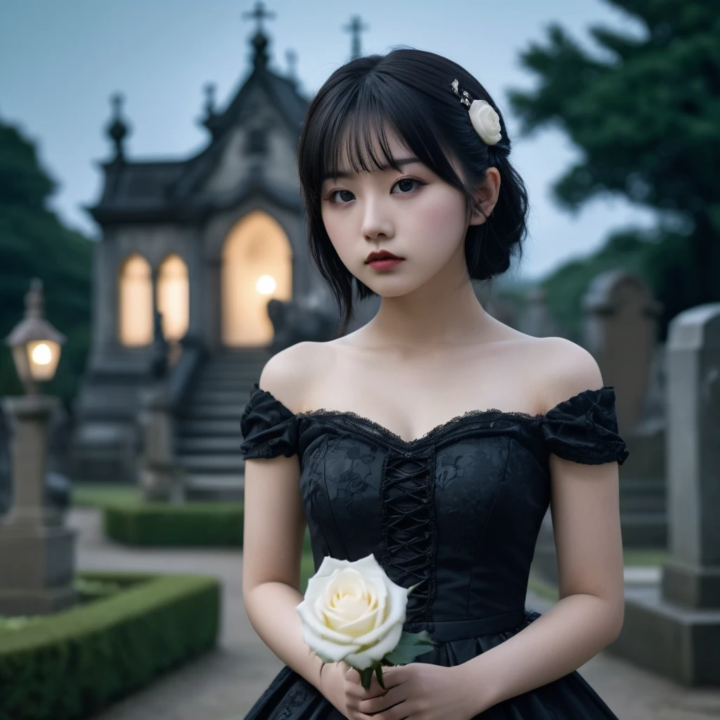 (masterpiece), (extremely intricate:1.3), (realistic), photo of a a bit chubby charming pale Japanese teen girl wearing a short black shoulderless gothic dress holding a white rose, (baroque hairstyle), plan american, spooky graveyard at night, professional photograph of a stunning teen girl detailed, sharp focus, dramatic, award winning, cinematic lighting, volumetrics dtx, (film grain, blurry background, blurry foreground, bokeh, depth of field, night, motion blur:1.3), 4k, 8k, hd, hdr