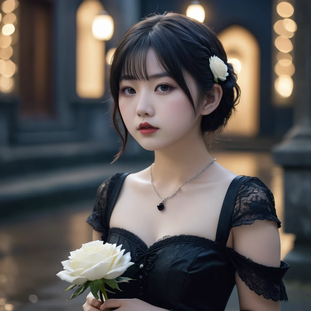(masterpiece), (extremely intricate:1.3), (realistic), photo of a a bit chubby charming pale Japanese teen girl wearing a short black shoulderless gothic dress holding a white rose, (baroque hairstyle), plan american, spooky graveyard at night, professional photograph of a stunning teen girl detailed, sharp focus, dramatic, award winning, cinematic lighting, volumetrics dtx, (film grain, blurry background, blurry foreground, bokeh, depth of field, night, motion blur:1.3), 4k, 8k, hd, hdr