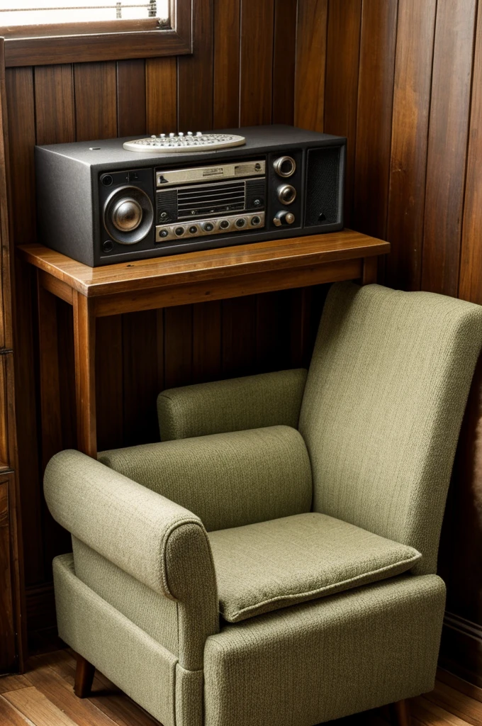 mostrar  y un sillon antiguo con un radio antiguo a un lado del brazo izquierdo del sillon 