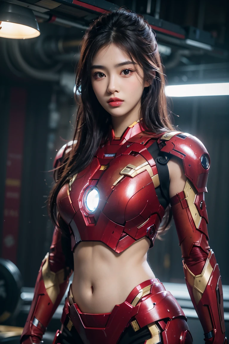 A girl wearing red Iron Man armor，Exposing sexy belly,cowboy shot，Looking at the camera，Detailed facial features, beautiful eyes, Lips, and long eyelashes, Reality, 8K， Very detailed, Studio Lighting, Dramatic Lighting, Vibrant colors, work, Outer Space，The abdomen is open，Showing belly，Sexy abdominal muscles