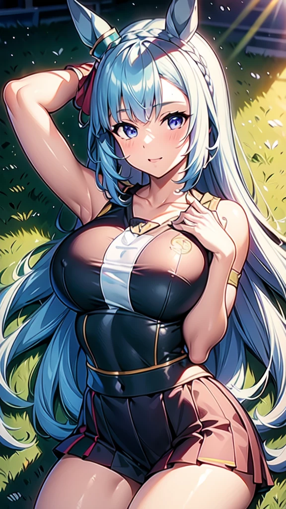{{{NSFW}}},{{{masterpiece:1.2}}},{{{best-quality:1.2}}},{{{ultra-quality:1.2}}},{{ultra-detailed:1.2}},{{{ultra-highres:1.2}}},{{{ultra-high-resolution:1.2}}},{{{extremely-detailed-CG-unity-8k-wallpaper}}},Mejiro Ardan\(umamusume\),{1 girl,beautiful girl,18 yo,cute,smile,kawaii, lovely,blushing,playful expression},oily skin,beautiful detailed hair,glossy hair,(wear sports uniform:1.5),(lying on the bed:1.2),wear buruma,perfect two legs,(spread two legs:1.2),five fingers,(large breaths),beautiful detailed eyes,jewel like eyes,blue eyes, (two hands behind head:1.1),open mouth,armpits,beautiful navel, looking at viewer,collarbone,earring