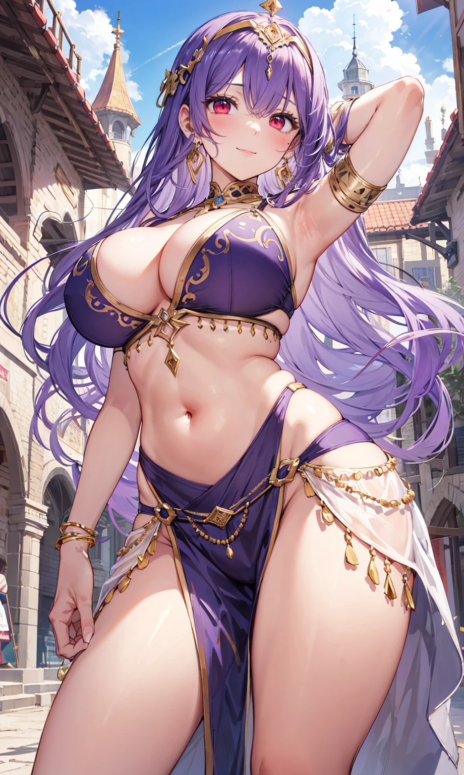 high quality, ultra detailed, best quality, insanely detailed, beautiful, masterpiece, 1girl, medieval plaza, cowboy shot, red eyes, long hair, purple hair, belly dancer, circlet, earrings, armlets, bracelets, bashful smile, large breasts, cleavage, soft stomach