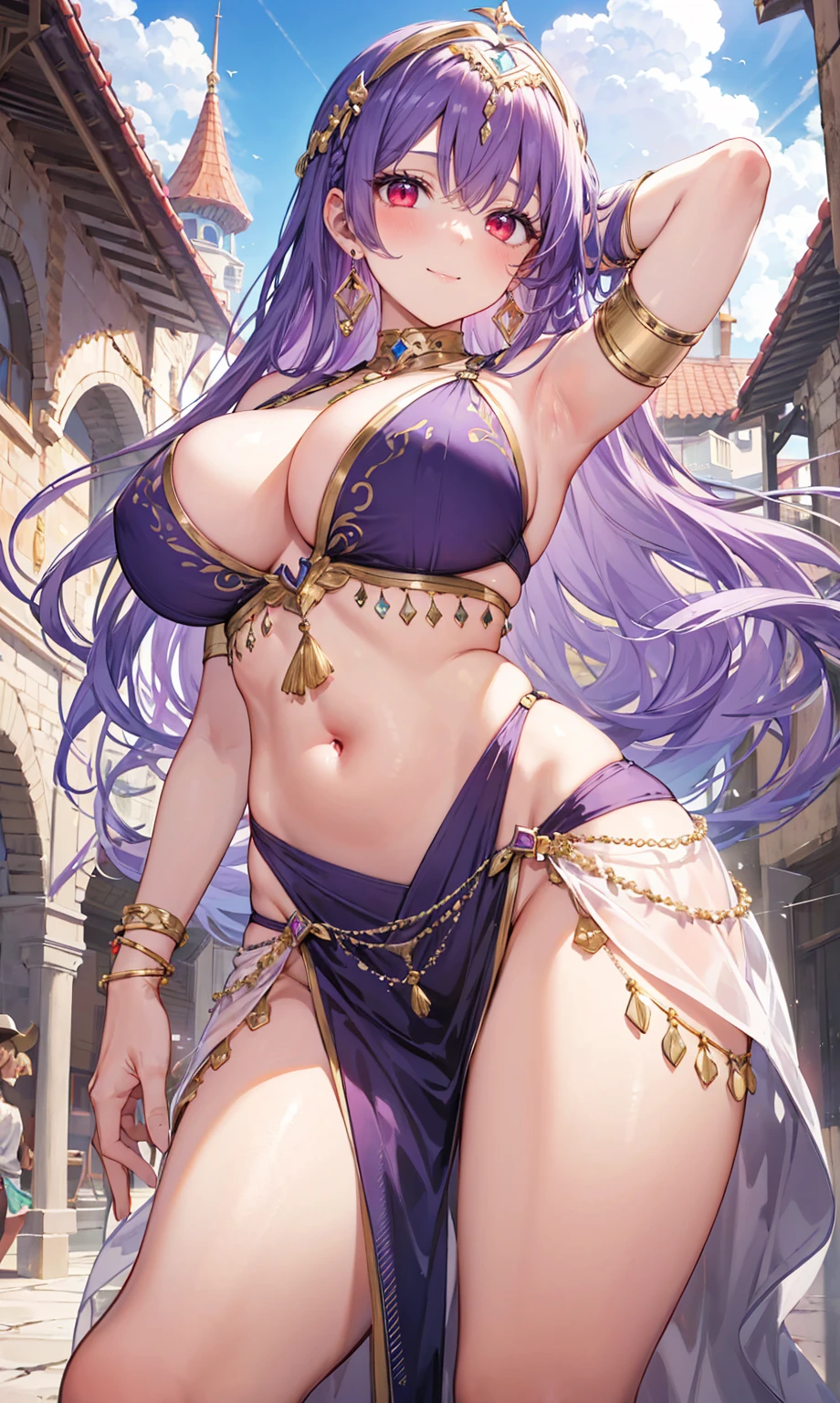 high quality, ultra detailed, best quality, insanely detailed, beautiful, masterpiece, 1girl, medieval plaza, cowboy shot, red eyes, long hair, purple hair, belly dancer, circlet, earrings, armlets, bracelets, bashful smile, large breasts, cleavage, soft stomach