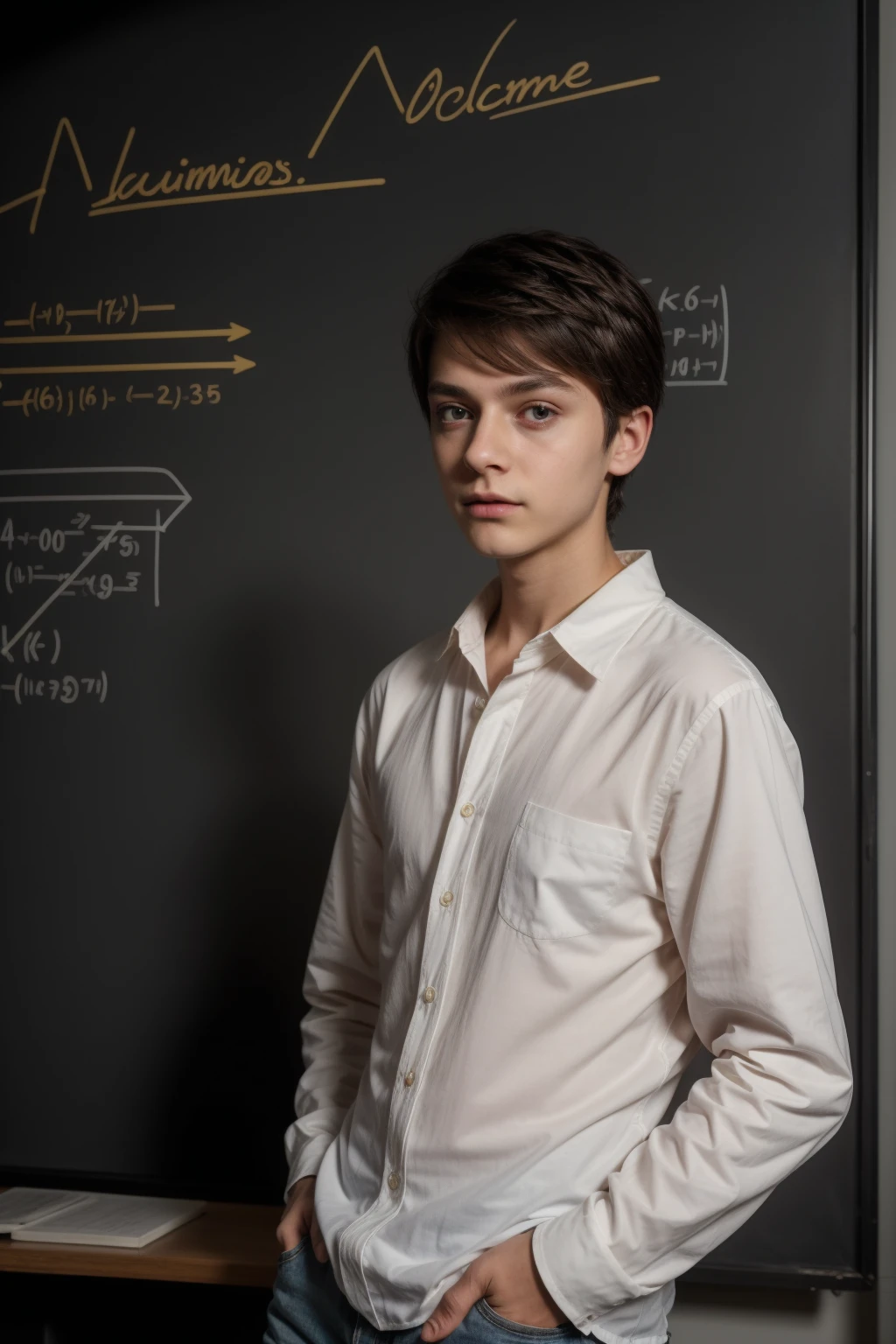 A cute, beautiful male twink with black hair is wearing a luxurious white long-sleeved shirt and jeans. He is in his office, and behind him is a blackboard with calculus written on it, and neon energy comes out of it. He looks on proudly, and his eyes have dark circles underneath them.
