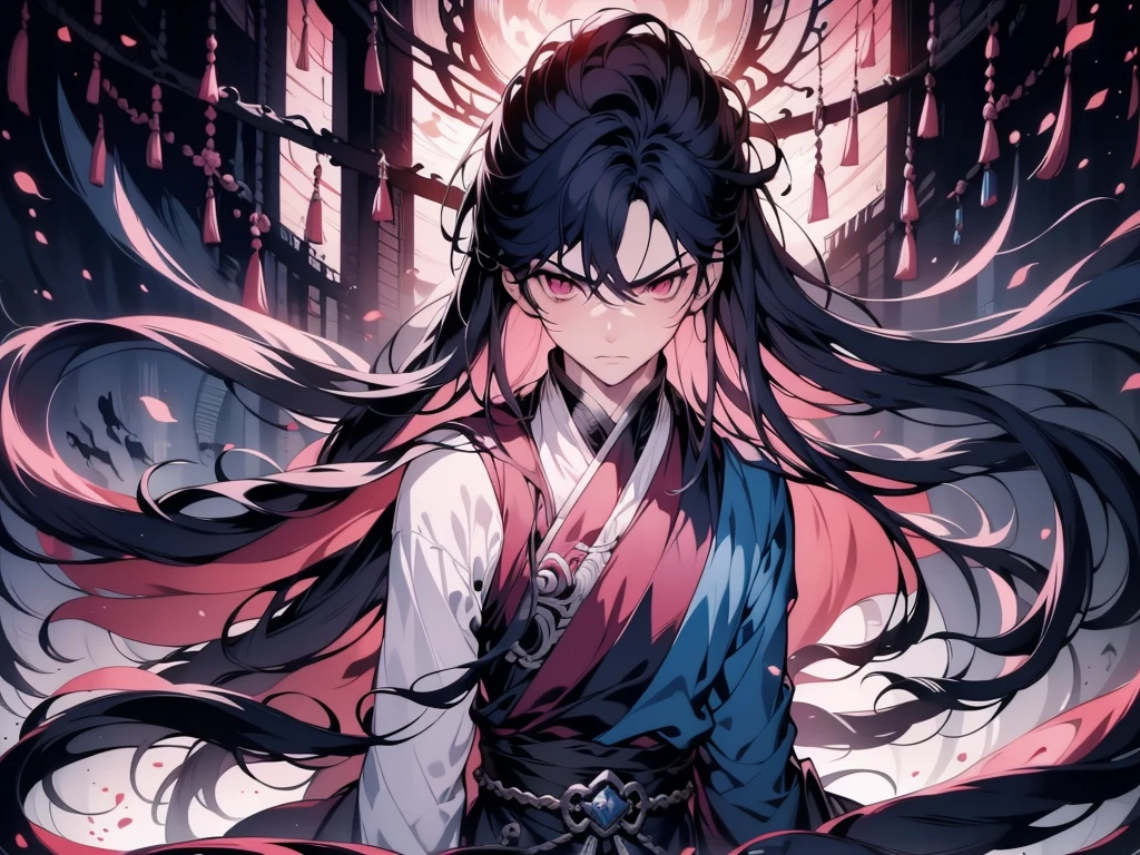 a boy , Face Focus, Single character, Tall anime man,With deep pink eyes, Cool anime poses, Anime Illustrations, Kentaro Miura style, Kentaro Miura's artistic style,Inspired by Okumura Tougyu,Looking at the audience, high resolution, Super sharp, 8K, masterpiece,In the Broken Fairyland,I sit at the edge of the endless sea,Facing the Sea,Turn your back to the sky。Millions of years,My blood started to fail.,The body is on the verge of collapse。
