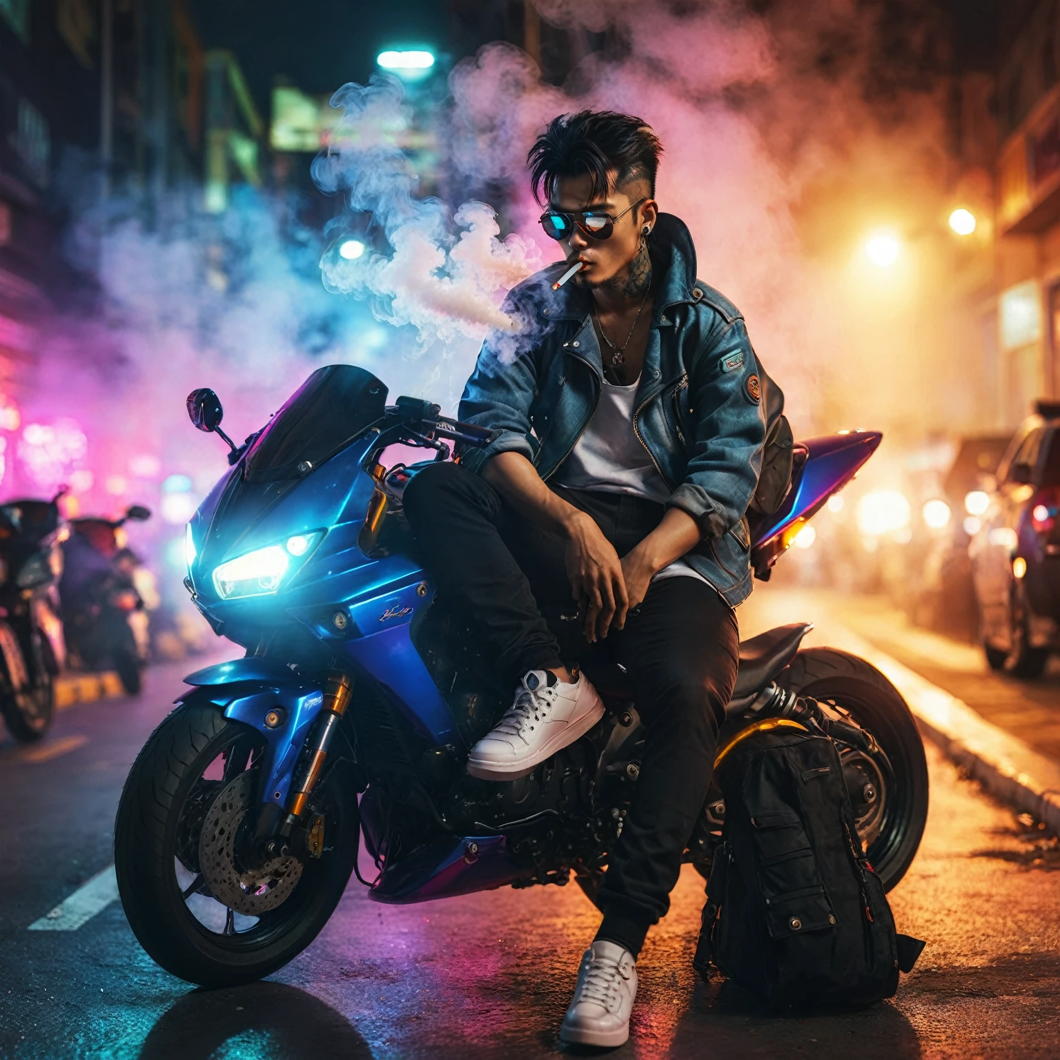 arafed man sitting on a motorcycle smoking a cigarette, sitting on cyberpunk motorbike, motorcycle, hero pose colorful city lighting, motorbiker, sitting on a motorcycle, streetwear fashion, high quality portrait, biker, cyberpunk streetwear, motorcycles, cinematic. by leng jun, nice lighting, with smoke, ross tran style, badass pose, riding a motorcycle