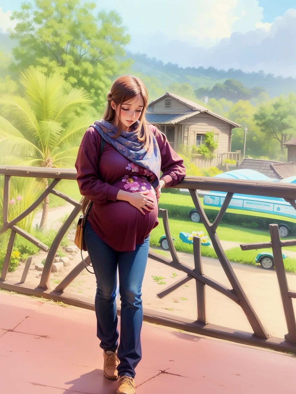 a painting of a pregnant woman with long brown hair, digital cartoon painting art, beautiful digital illustration, cute digital art, a beautiful artwork illustration, cartoon digital painting, blur floral garden open sky background
