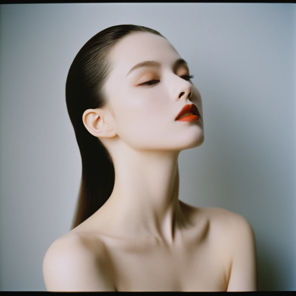 Photograph by Serge Lutens (1.8), pale skin, evil slavic woman, long dark blond hair, in profile, wide angle dim atmosphere, stunning, modern, dark, clean, artsy indoor surrounding, casting a dreamlike atmosphere eyes reflect some light, Shiseido-style Vogue-Style 1990s style and setting Various gentle half body poses and angles Consistent facial and body features Photorealistic and highly detailed Artistic and evocative High-quality finish Ensuring vibrant, detailed features Technical details: wide angle lens Selective focus with Kodak film effect: 1.2 Shallow depths of field