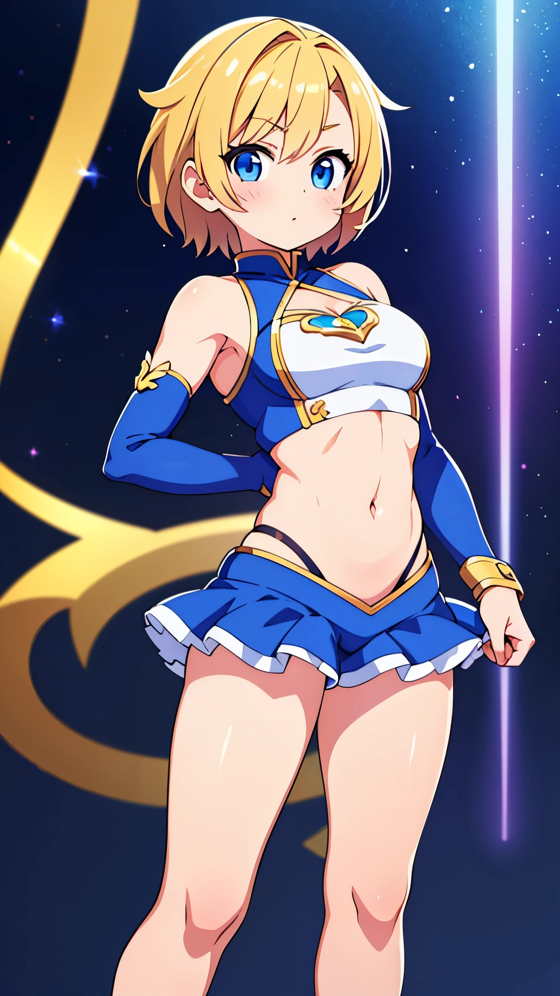 19 years old tomboyish magical girl, short blond hair, blue eyes, she has a toned and fit body, her cute slightly revealing magical girl outfit shows of her fit body, she looks embaresed at the viewer