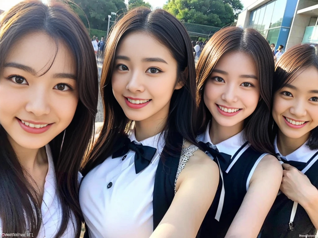 (A trio of super cute Korean high school girls take a photo together 1.2)(grin,Smile)(Beautiful Sweat:1.1)(16k, RAW Photos, Highest quality, masterpiece: 1.2),(Cute hairstyle with shiny black hair) Super detailed, Super Resolution, (Genuine, Genuine photos: 1.37), Portraiture, High-resolution RAW color photos, Professional photos, Very detailed, 8k wallpaper, Very detailed CG Unity 8k wallpaper, Very detailed beautiful girls, Very detailed faces, ((whole body)), beautiful woman, Huge breasts,(huge boobs:1.1) (Big Boobs:1.1), Beauty college student (A tight, girly, navy sleeveless with ribbon.),high school girl, Korean Girls,(K-POP Female Idols), (Idol-class beauty)(Beautiful high school girl:1.1)(High school girls sightseeing in Tokyo)(18-year-old)(Stylish school uniform-style outfit:1.1)(Group photo of the school trip:1.3)NSFW