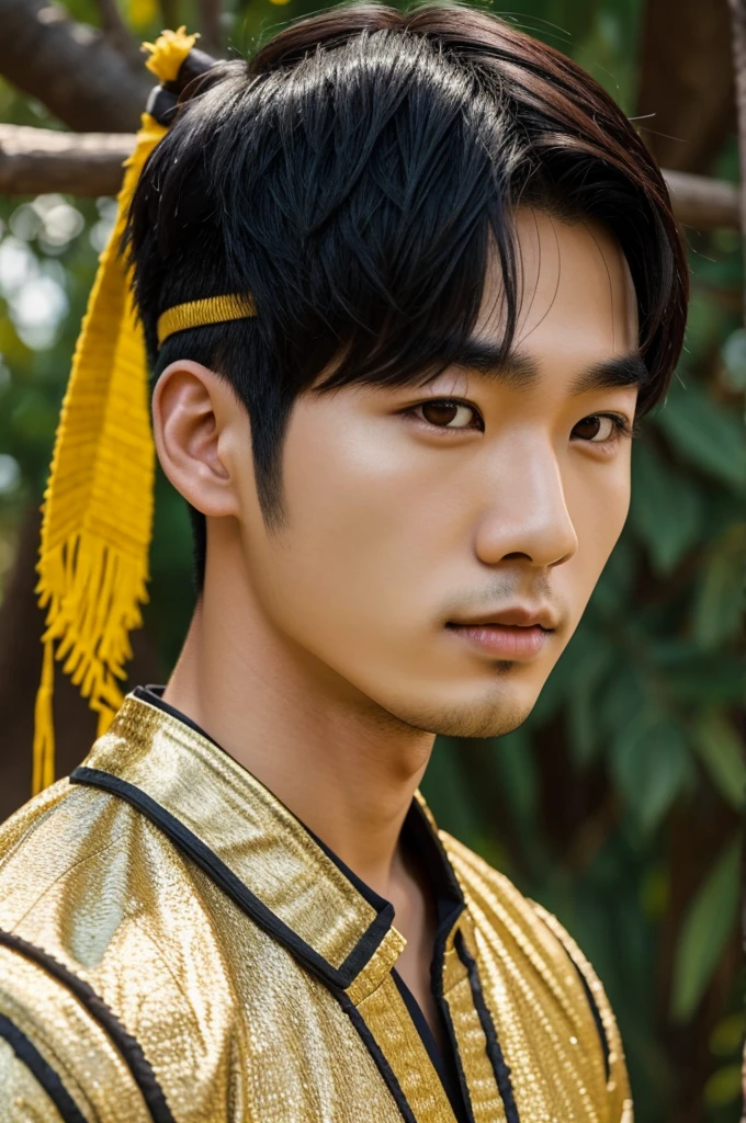 A young Asian man similar ti kpop idol with short dark hair wearing a inca costume
