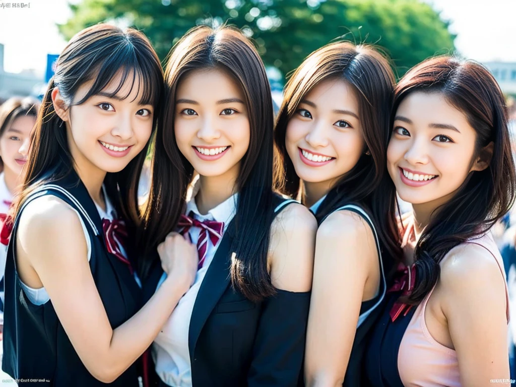 (A trio of super cute Korean high school girls take a photo together 1.2)(grin,Smile)(Beautiful Sweat:1.1)(16k, RAW Photos, Highest quality, masterpiece: 1.2),(Cute hairstyle with shiny black hair) Super detailed, Super Resolution, (Genuine, Genuine photos: 1.37), Portraiture, High-resolution RAW color photos, Professional photos, Very detailed, 8k wallpaper, Very detailed CG Unity 8k wallpaper, Very detailed beautiful girls, Very detailed faces, ((whole body)), beautiful woman, Huge breasts,(huge boobs:1.1) (Big Boobs:1.1), Beauty college student (A tight, girly, navy sleeveless with ribbon.),high school girl, Korean Girls,(K-POP Female Idols), (Idol-class beauty)(Beautiful high school girl:1.1)(High school girls sightseeing in Tokyo)(18-year-old)(Stylish school uniform-style outfit:1.1)(Group photo of the school trip:1.3)NSFW