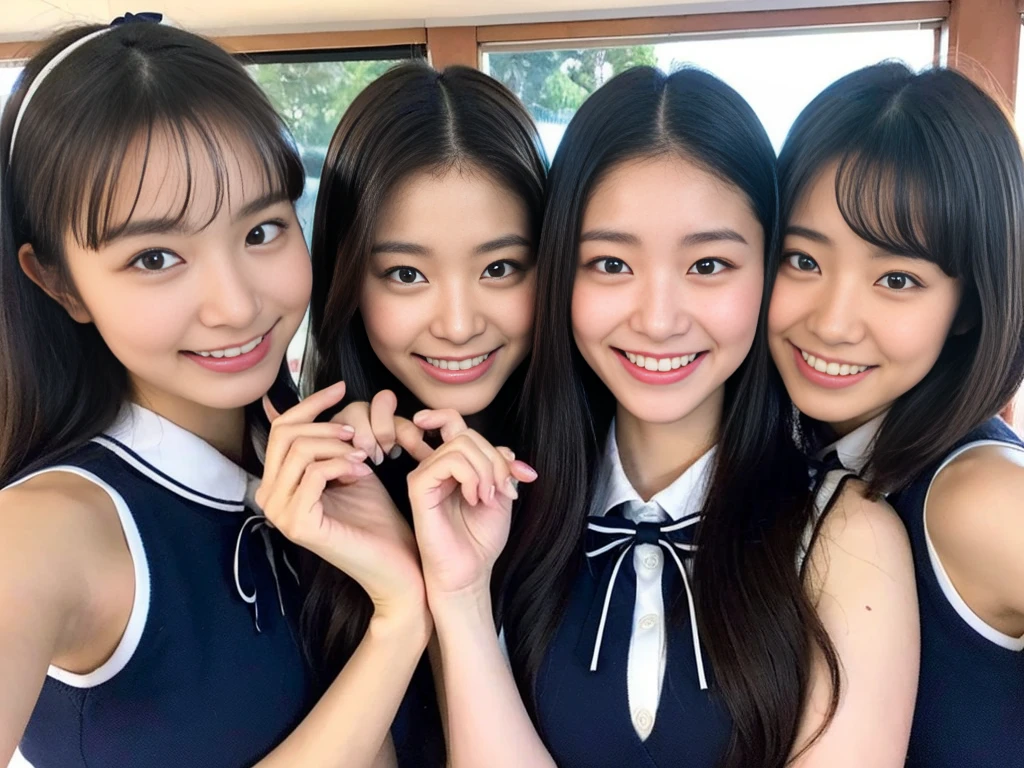 (A trio of super cute Korean high school girls take a photo together 1.2)(grin,Smile)(Beautiful Sweat:1.1)(16k, RAW Photos, Highest quality, masterpiece: 1.2),(Cute hairstyle with shiny black hair) Super detailed, Super Resolution, (Genuine, Genuine photos: 1.37), Portraiture, High-resolution RAW color photos, Professional photos, Very detailed, 8k wallpaper, Very detailed CG Unity 8k wallpaper, Very detailed beautiful girls, Very detailed faces, ((whole body)), beautiful woman, Huge breasts,(huge boobs:1.1) (Big Boobs:1.1), Beauty college student (A tight, girly, navy sleeveless with ribbon.),high school girl, Korean Girls,(K-POP Female Idols), (Idol-class beauty)(Beautiful high school girl:1.1)(High school girls sightseeing in Tokyo)(18-year-old)(Stylish school uniform-style outfit:1.1)(Group photo of the school trip:1.3)NSFW
