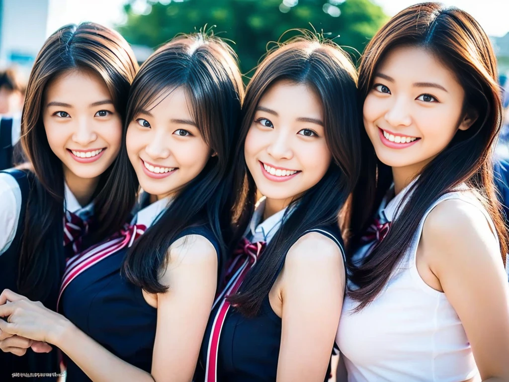 (A trio of super cute Korean high school girls take a photo together 1.2)(grin,Smile)(Beautiful Sweat:1.1)(16k, RAW Photos, Highest quality, masterpiece: 1.2),(Cute hairstyle with shiny black hair) Super detailed, Super Resolution, (Genuine, Genuine photos: 1.37), Portraiture, High-resolution RAW color photos, Professional photos, Very detailed, 8k wallpaper, Very detailed CG Unity 8k wallpaper, Very detailed beautiful girls, Very detailed faces, ((whole body)), beautiful woman, Huge breasts,(huge boobs:1.1) (Big Boobs:1.1), Beauty college student (A tight, girly, navy sleeveless with ribbon.),high school girl, Korean Girls,(K-POP Female Idols), (Idol-class beauty)(Beautiful high school girl:1.1)(High school girls sightseeing in Tokyo)(18-year-old)(Stylish school uniform-style outfit:1.1)(Group photo of the school trip:1.3)NSFW