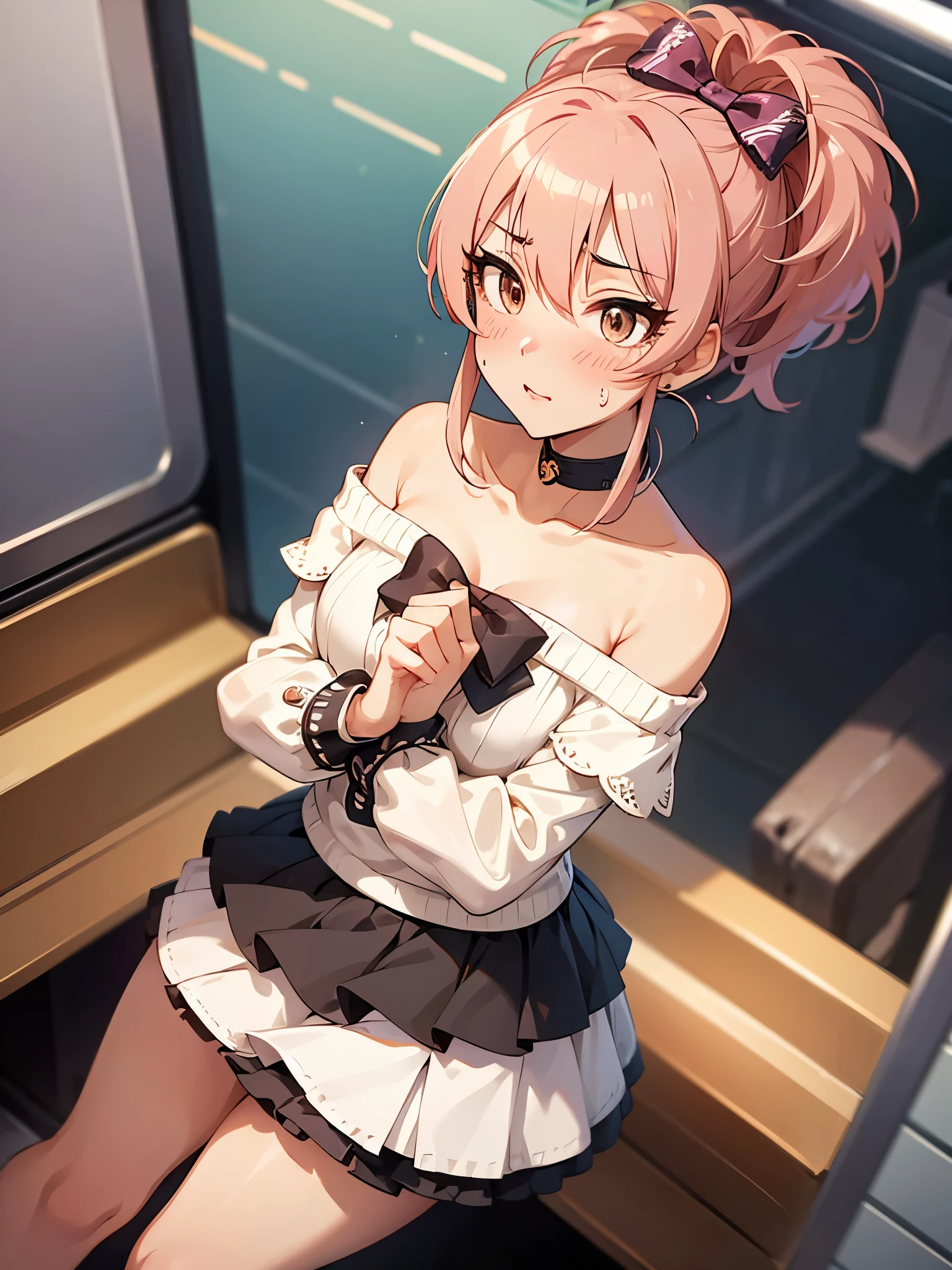 NSFW,Amica、ponytail、Hair Ribbon、clavicle、Off-the-shoulder sweater,Micro Mini Skirt,Heel,(Perfect hands),(Perfect Anatomy),(masterpiece),(Highest quality),Embarrassed,blush,(train:1.5),Are standing