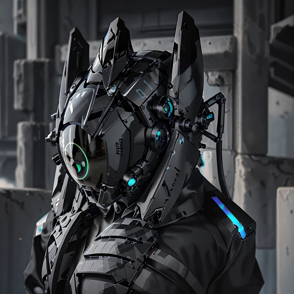 a girl with a full black cyborg body and cyber helmet, featuring sleek and high-tech components. She has short black hair, black eyes, and an angry expression. She is wearing a mecha helmet that partially obscures her face, with her polished mechanical limbs and torso emphasizing her intense emotions, (((black cyber helmet))), ((black cyber body)), ((black cyber headphone)),