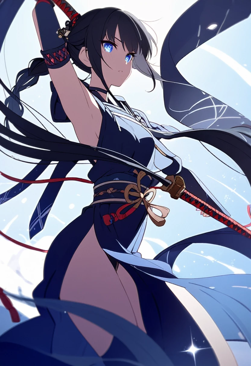 A stunningly beautiful girl in her mid-teens, adorned in the traditional garb of a samurai warrior. Her long, raven-black hair cascades down her back in perfect waves, held in place by a series of intricately tied ribbons. Her almond-shaped eyes, a mesmerizing shade of sapphire blue, sparkle with determination and courage. She stands with her legs shoulder-width apart, her body poised and ready for battle.