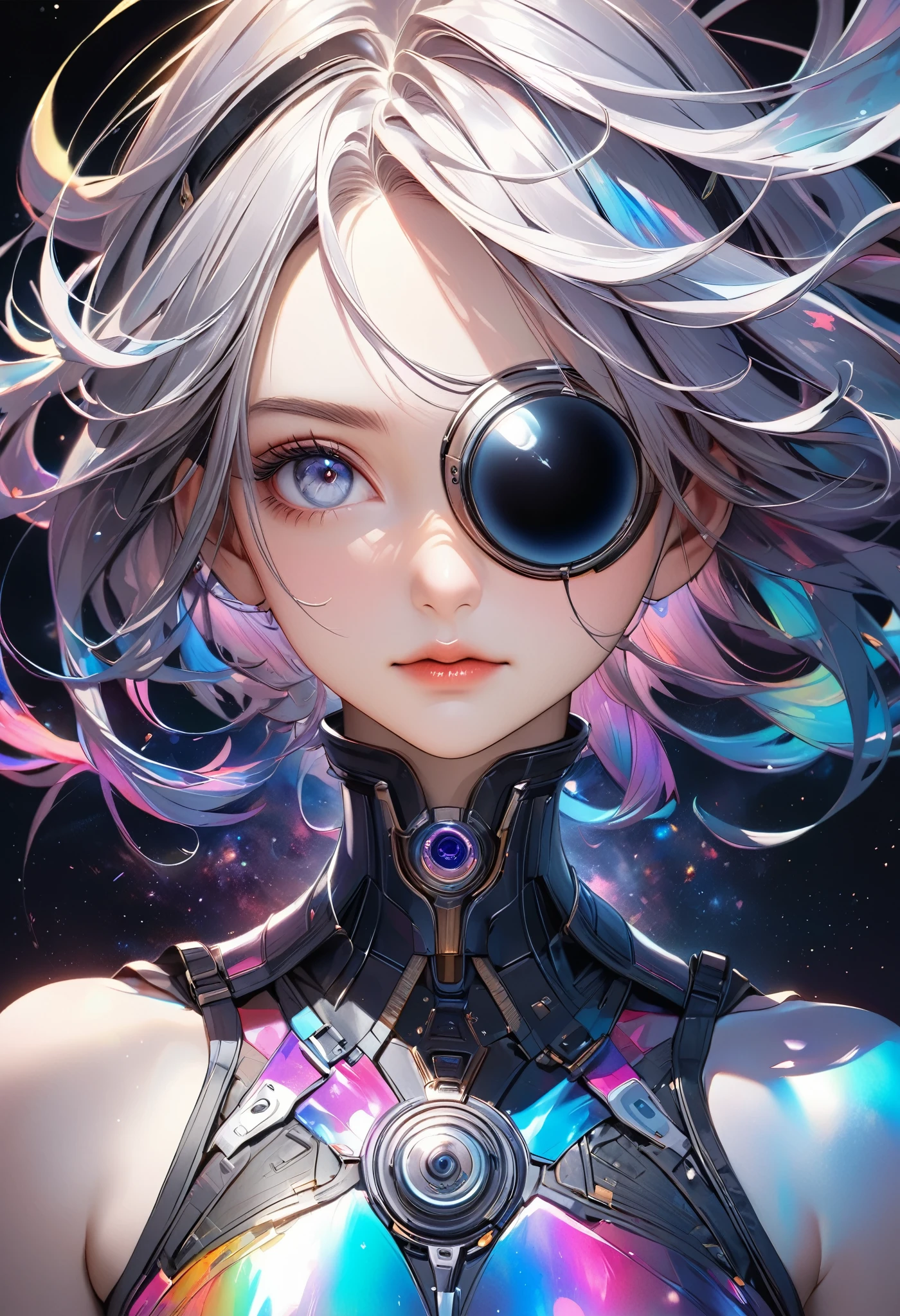 ([Eye patch:Expanding black hole:0.3], Swirling Galaxy, no gravity), Absurd aesthetics, 
BREAK Seamless Blend, holographic, Fantastic iridescent colors, cyber punk, 
BREAK Ultra-realism, Detailed and realistic skin texture, Detailed and intricate texture, Detailed and intricate brushwork, Detailed and clear depiction, Anatomically correct, Absurd aesthetics, 
BREAK A dark background that makes the subject stand out, 
BREAK Dramatic Cinematic Lighting, 
BREAK A powerful and bold composition, 
Transparent Full color, 
Dynamic face shot, 
BREAK Re-drawing into a clear and vivid work, highest quality render, Highest quality, Highest Resolution, 
Transparent Full color, Ultra-Realistic, 