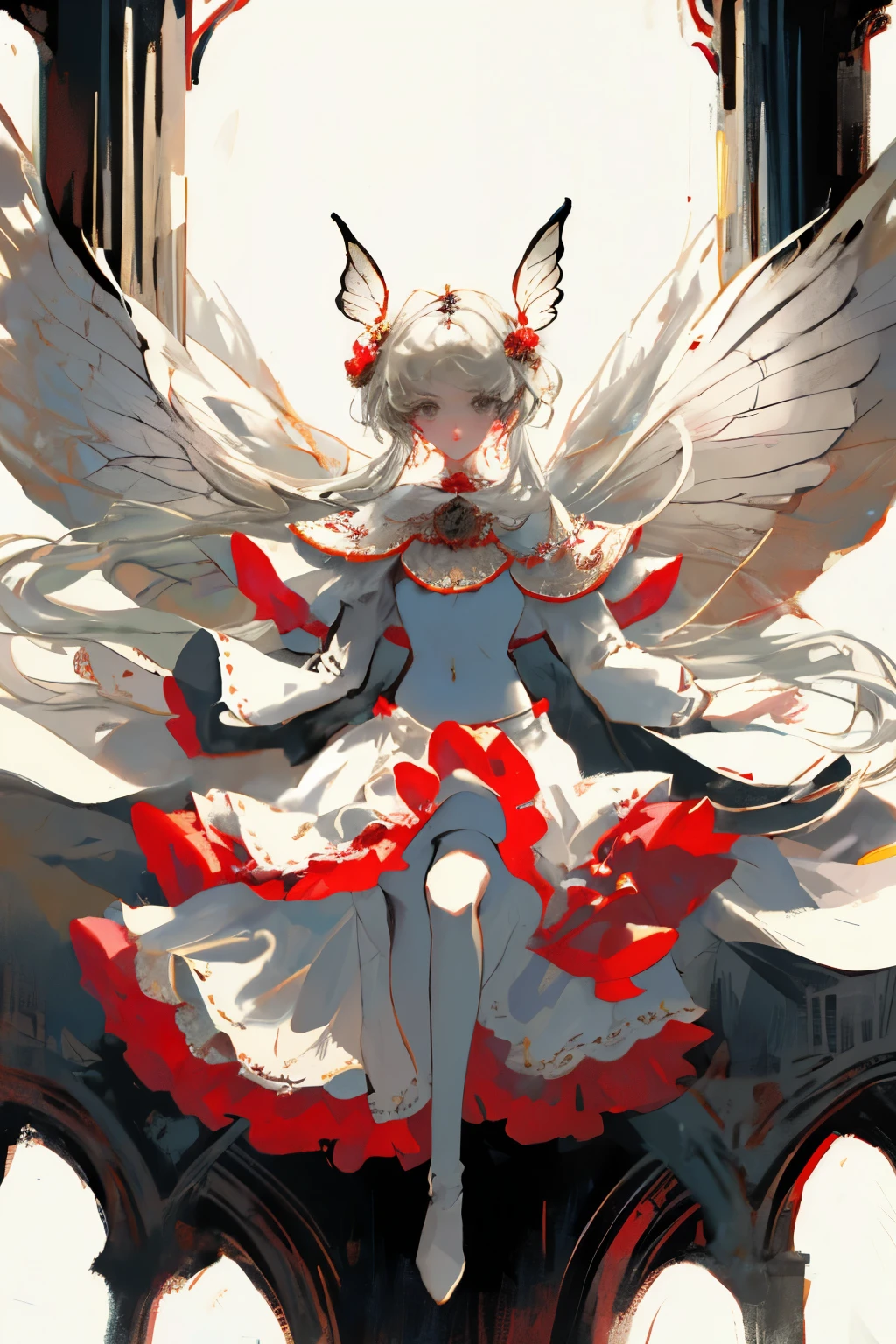  ((best quality)), ((masterpiece)), (detailed), 1girl, Character design, female, dynamic poses, long white grey hair, grey white eyes, very skinny, detailed, best quality, no accesoires around the neck, no shoes, prominent collarbones, skinny arms, flat stomach, visible hip bones, full body, blank white background, plain background, white background, red and white clothing, Bloodborne inspired, occult aesthetic, occult, detailed and intricate steampunk and detailed gothic, NSFW, Very dramatic and cinematic lighting, cosmic horror, grim-dark, side-lighting, perfect face, NSFW, Fluttering lace flared long knee length dress with frilly petticoats, knee length dress, pleated petticoats, petticoats gothic, complex lace boots, side-lighting, gothic aesthetic, wielding a mighty sword with mechanical components, mandalas, small breasts, a fairy, various different types of insect wings, NSFW, full body, whole body, body, plain background, white background, blank background, no background, white background NSFW, chains, full body, whole body, head-to-toe NSFW 