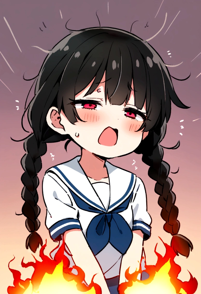 Long black hair, two braids, sailor suit, jitters, loli, short, cute, , half eyes, jitters