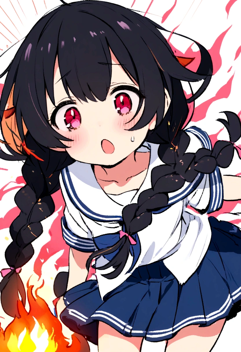 Long black hair, two braids, sailor suit, jitters, loli, short, cute, , half eyes, jitters