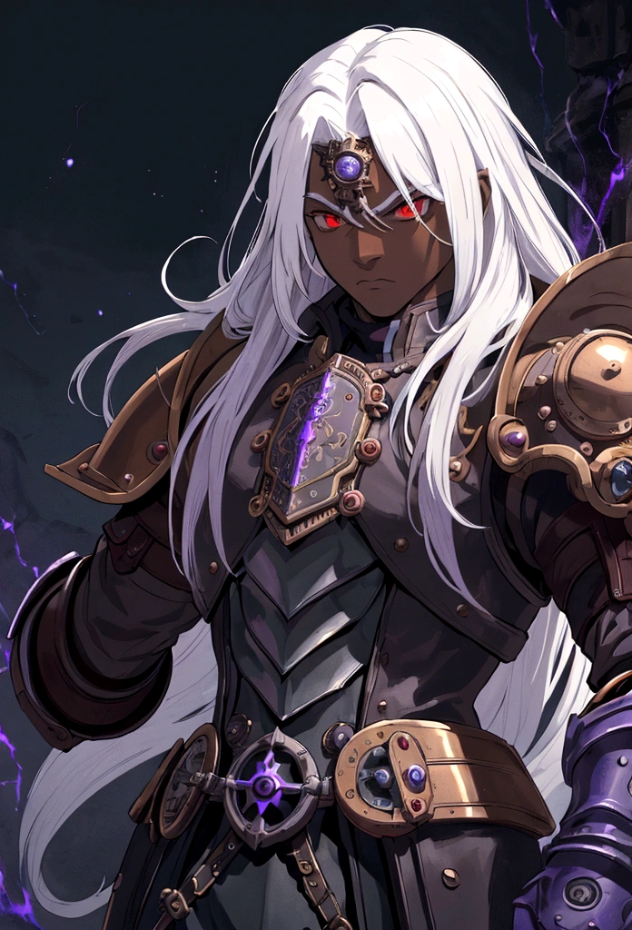 ((best quality)), ((masterpiece)), (detailed), ((boy)), (mix between steampunk anddungeonpunk), drow, upper body, portrait, red eyes, long white hair, Xemnas from Kingdom Hearts, half-drow, dark skinned, (full knight armor), paladin, serious face, dramatic lightning, dungeons and dragons character, purple theme