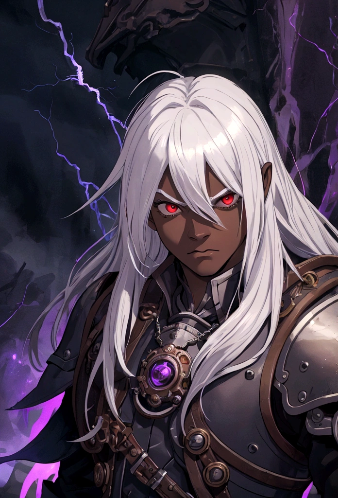 ((best quality)), ((masterpiece)), (detailed), ((boy)), (mix between steampunk anddungeonpunk), drow, upper body, portrait, red eyes, long white hair, Xemnas from Kingdom Hearts, half-drow, dark skinned, (full knight armor), paladin, serious face, dramatic lightning, dungeons and dragons character, purple theme