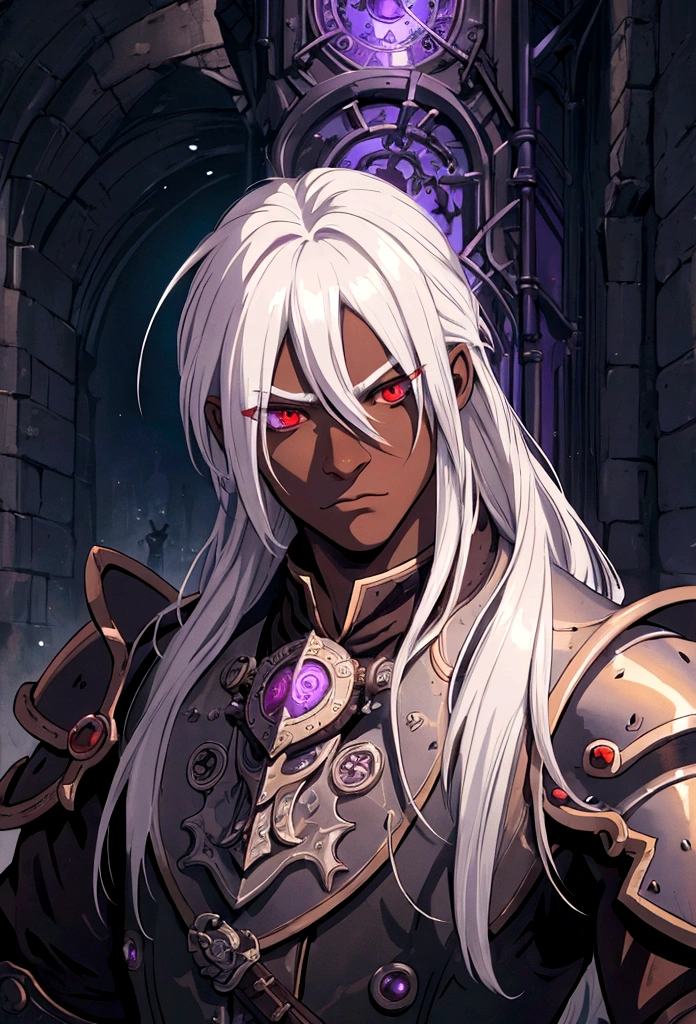 ((best quality)), ((masterpiece)), (detailed), ((boy)), (mix between steampunk anddungeonpunk), drow, upper body, portrait, red eyes, long white hair, Xemnas from Kingdom Hearts, half-drow, dark skinned, (full knight armor), paladin, serious face, dramatic lightning, dungeons and dragons character, purple theme