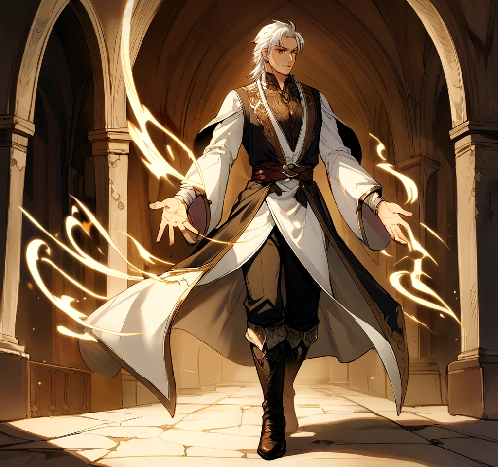 Male, white hair, middle age, fantasy, mediveal, full body, scar on keft eye, looking straigt