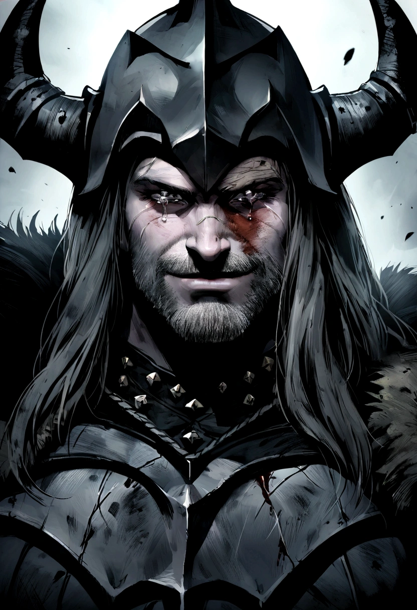 "Batman Viking with the face of Zilosa, Smile on the left, Tears of Blood, Dirty, Exceptional quality, Multiple scars on face, Batman Query, Dark Viking Armor, Gothic style."