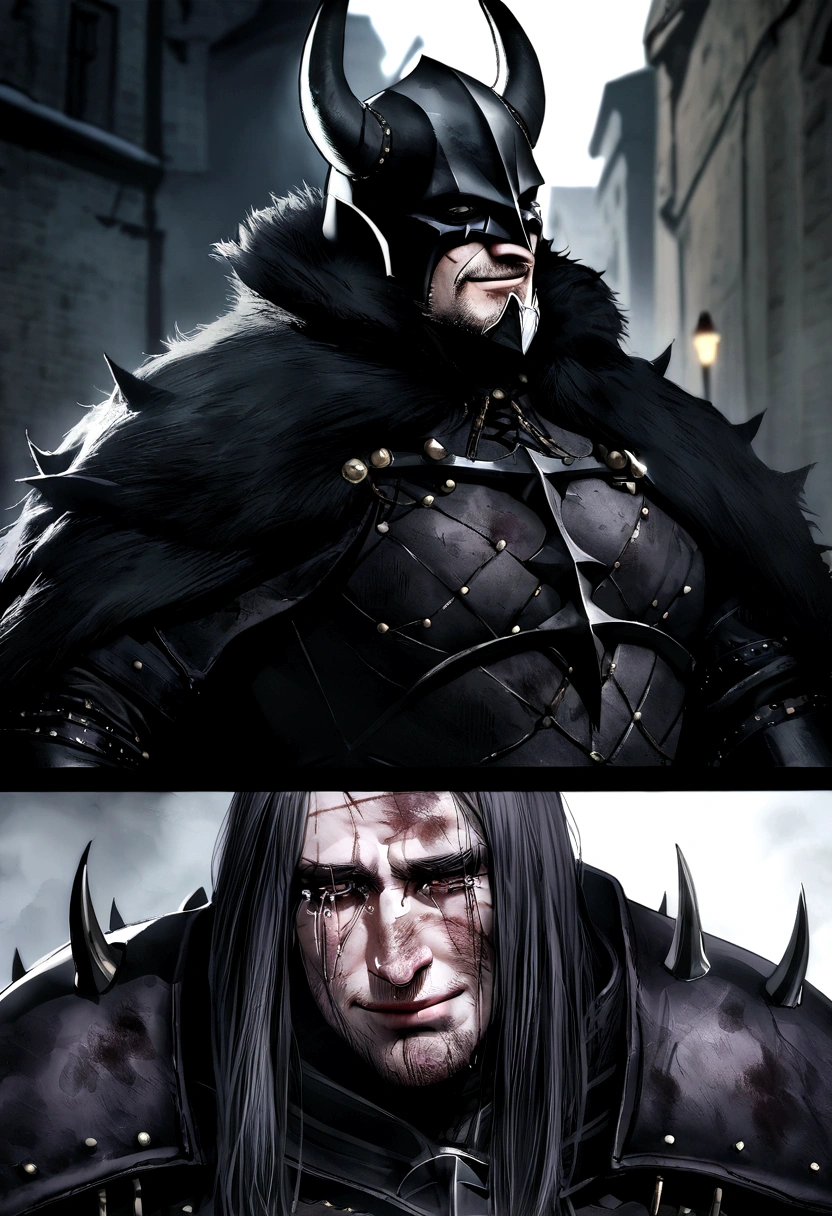 "Batman Viking with the face of Zilosa, Smile on the left, Tears of Blood, Dirty, Exceptional quality, Multiple scars on face, Batman Query, Dark Viking Armor, Gothic style."