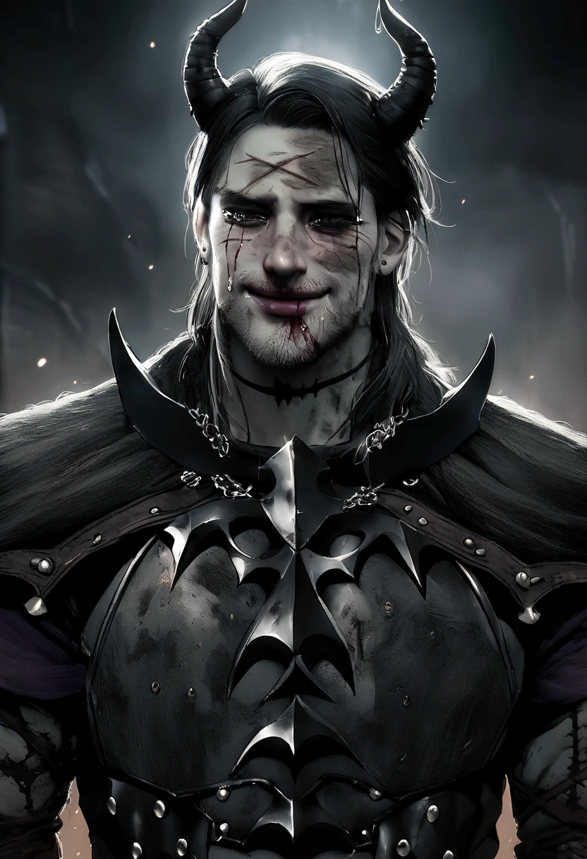 "Batman Viking with the face of Zilosa, Smile on the left, Tears of Blood, Dirty, Exceptional quality, Multiple scars on face, Batman Query, Dark Viking Armor, Gothic style."