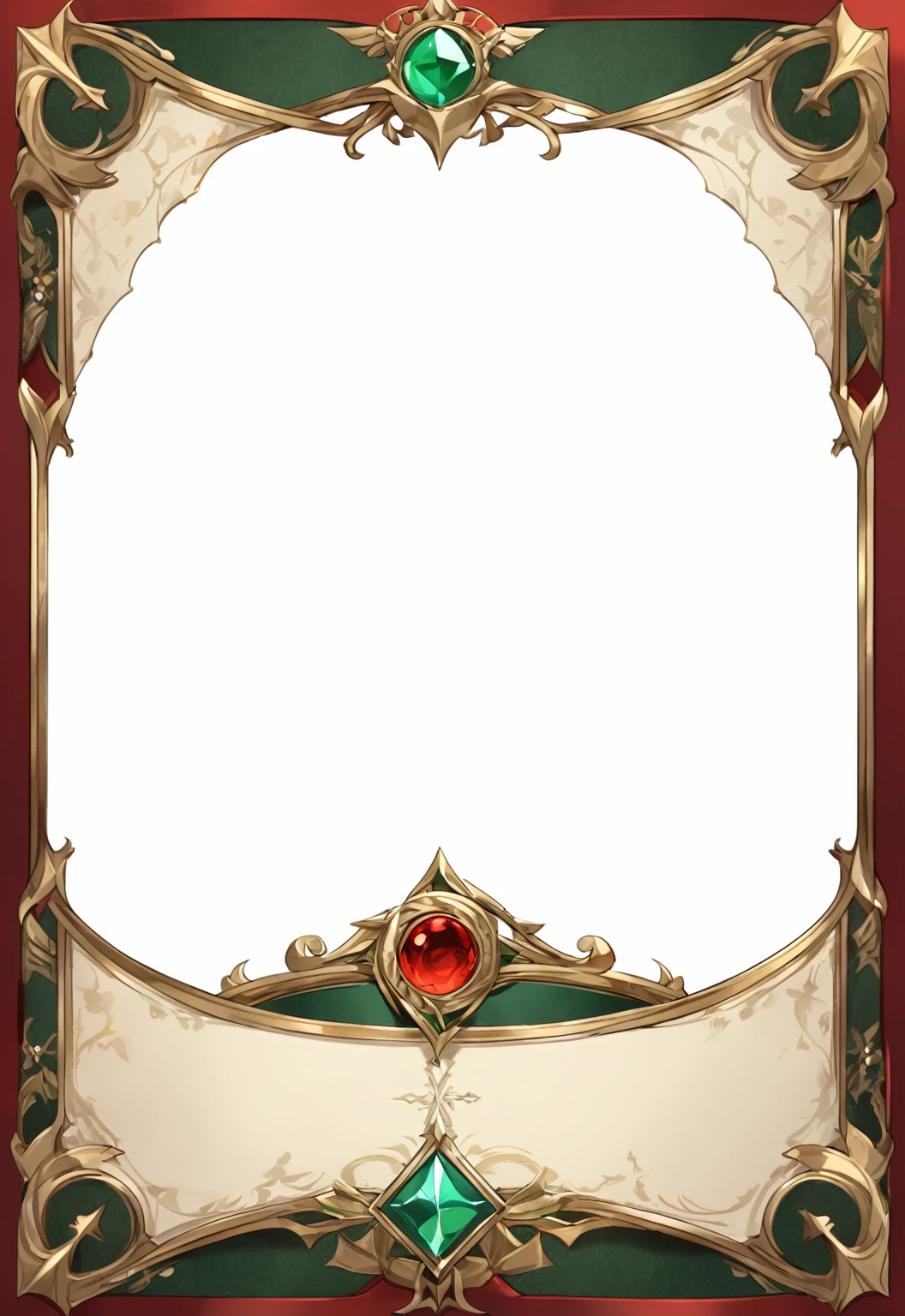 A card border UI，Medieval European aristocracy design，Noble and elegant dark style，There are blood stains on the parchment backing.。Deep Red、Emerald Green、Gold main tone。